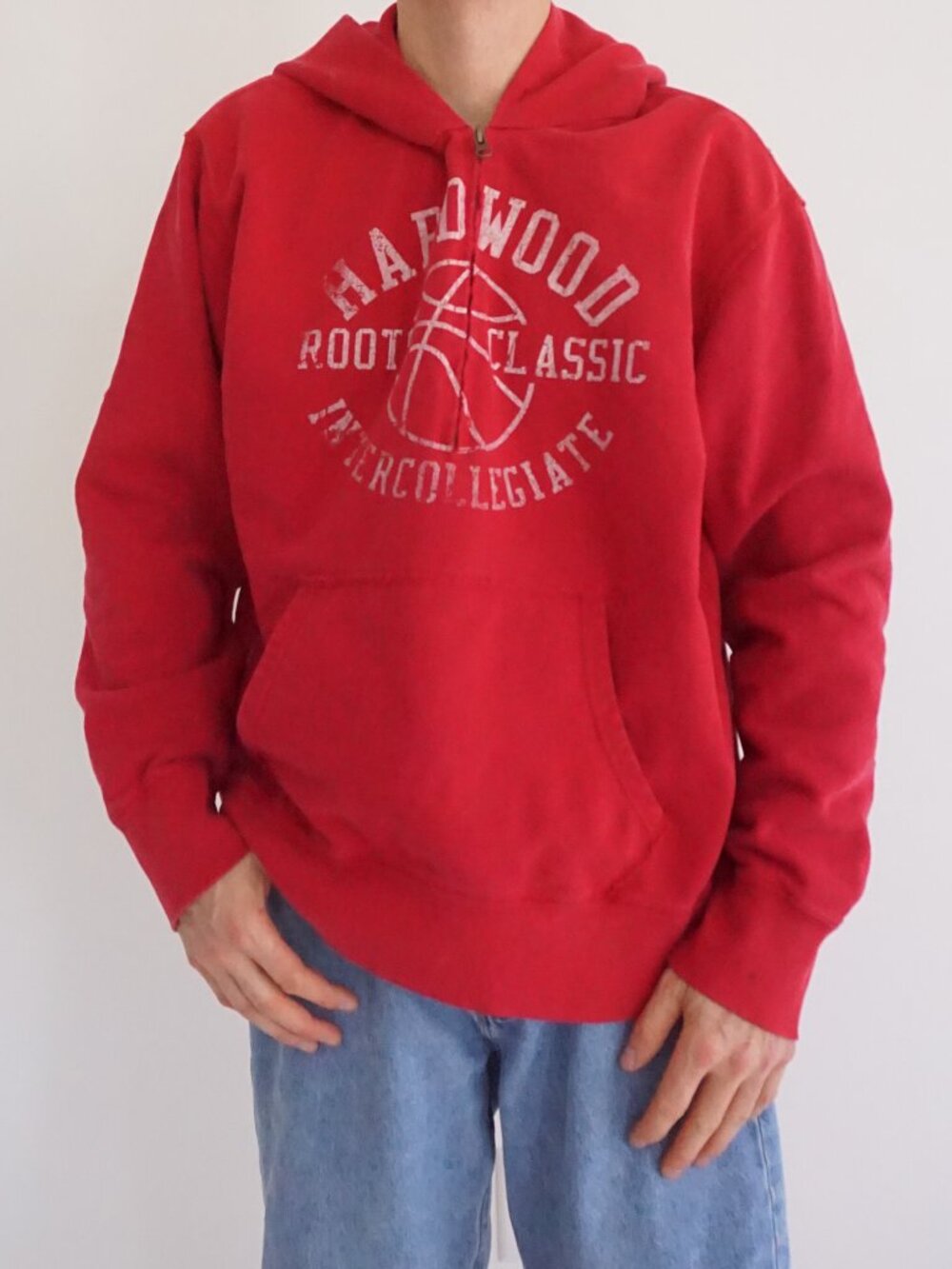Roots Red White Hardwood Basketball Collegiate Canada Spellout Cotton Hoodie XXL